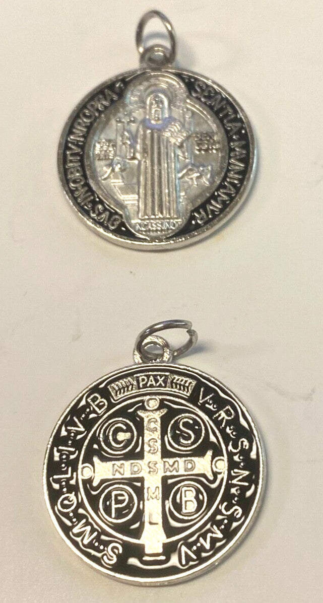 Saint Benedict black and silver tone medal from Bob and Penny Lord, Christian religious medal with intricate design.
