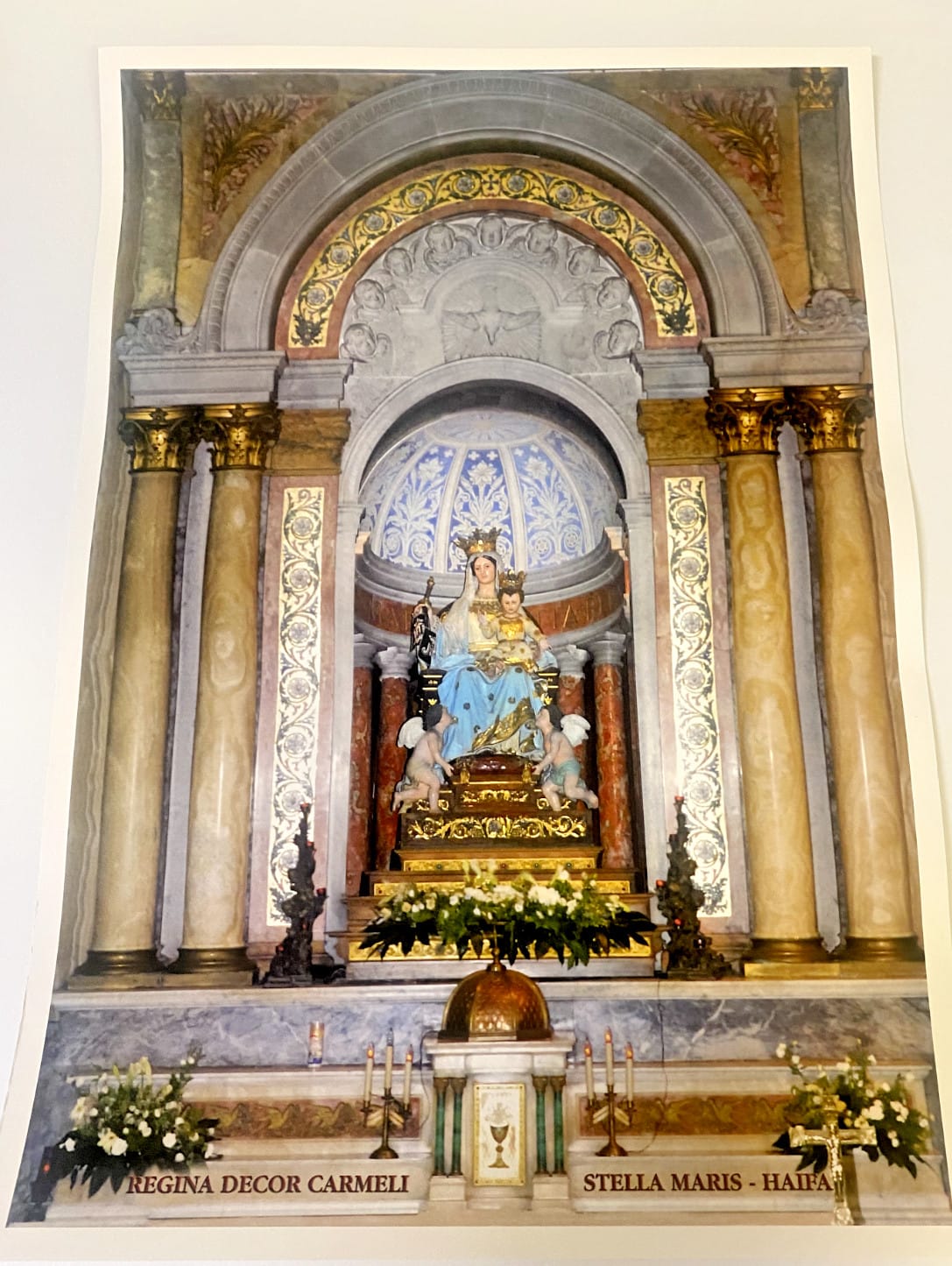 Image of Our Lady of Mount Carmel religious print, 19x13.5 inches, from Israel, featuring a sacred Christian Holy Card design.
