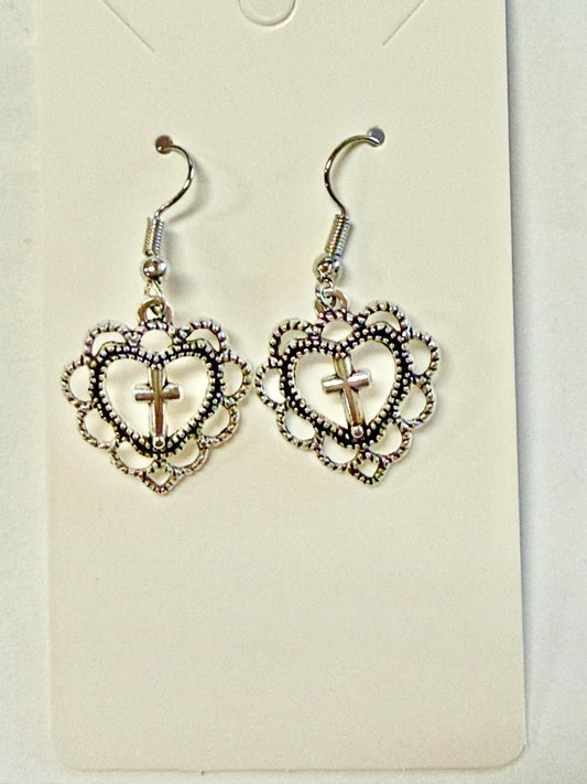 Heart with inlay Cross  Earrings, 1.5"  New #Gftshp-211