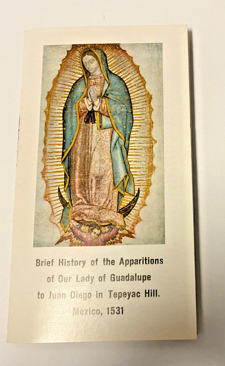 Vintage print of Our Lady of Guadalupe, religious poster by Bob and Penny Lord, depicting the apparition story and spiritual imagery.