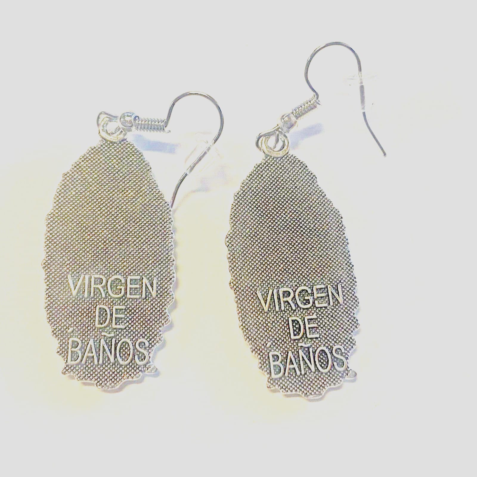 Lady of Guadalupe dangle earrings, 2 1/8 inches, handmade fashion jewelry featuring religious design and detailed craftsmanship.