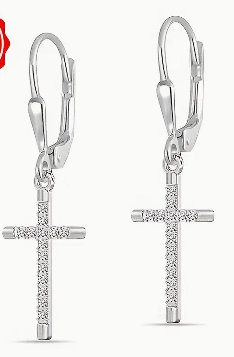 Cross Drop 1.29" Sterling Silver  Earrings with inlaid Zirconia. New #AB-383-R2