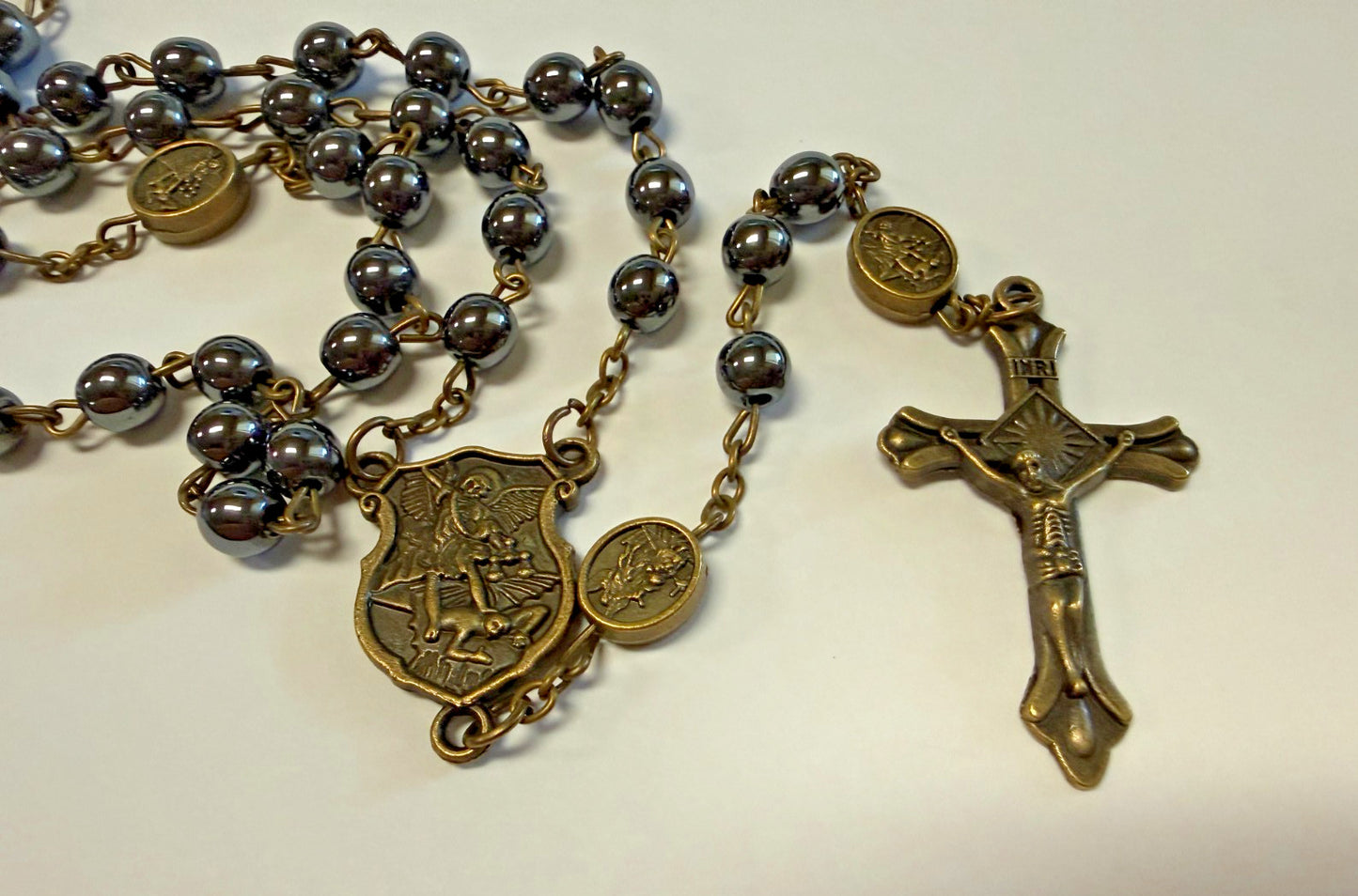 Saint Michael Natural Black Stone Rosary, New #Gftshp-238