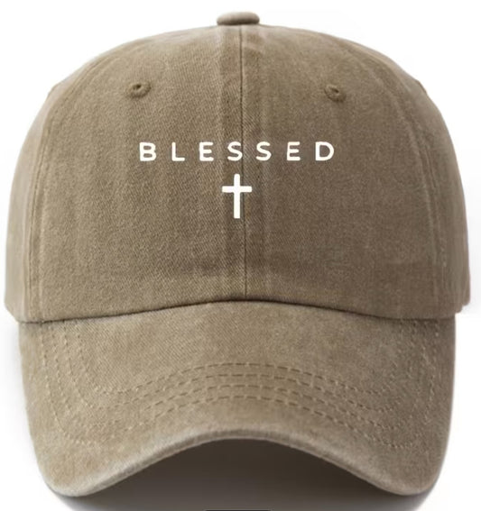 Vintage Distressed "BLESSED" Khaki Baseball Cap, New # Gftshp-191