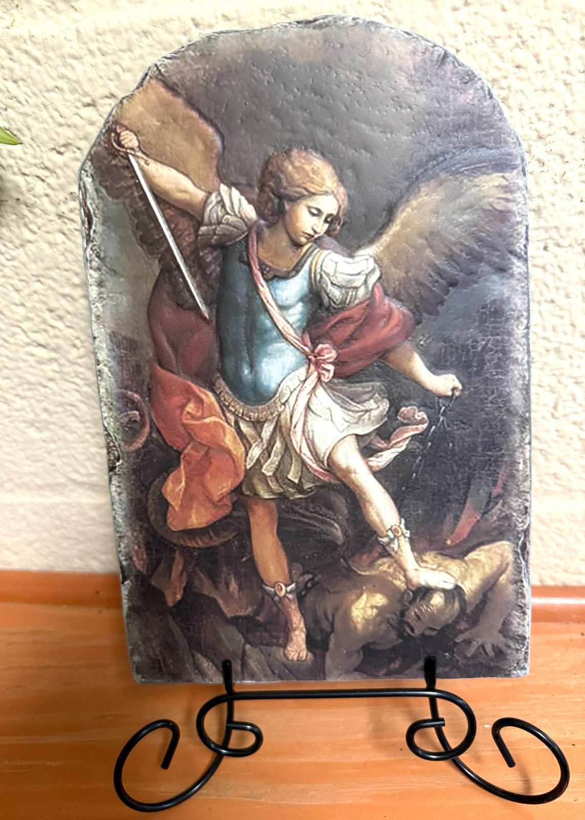 Saint Michael 8.5" Arched Tile Plaque with metal easel, New #AB-431-R2