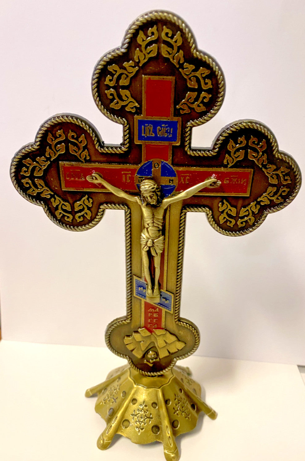 Standing antique gold 8-inch crucifix by Bob and Penny Lord, featuring detailed religious cross for Christian collectibles.