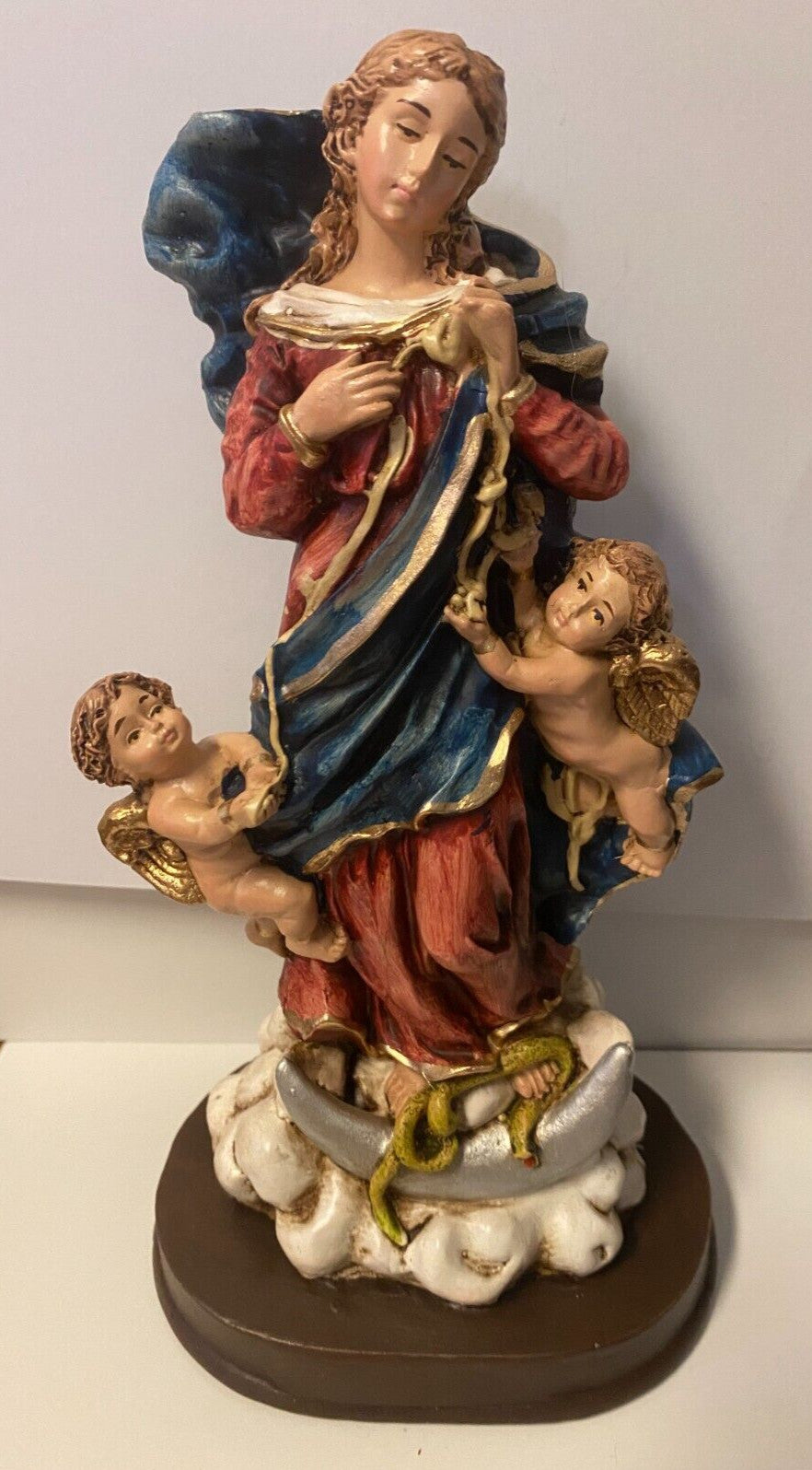 Hand-painted Our Lady Untier of Knots 8-inch religious statue by Bob and Penny Lord, depicting the Virgin Mary with a serene expression.