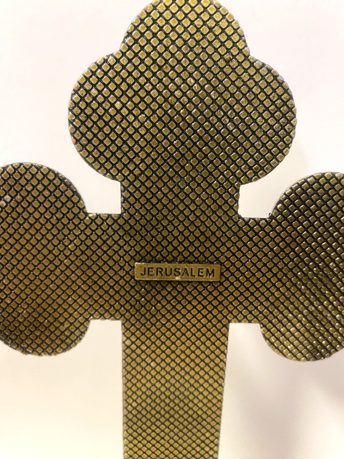 Antique gold standing 8-inch crucifix with detailed Christian cross design, crafted by Bob and Penny Lord, ideal for religious decor