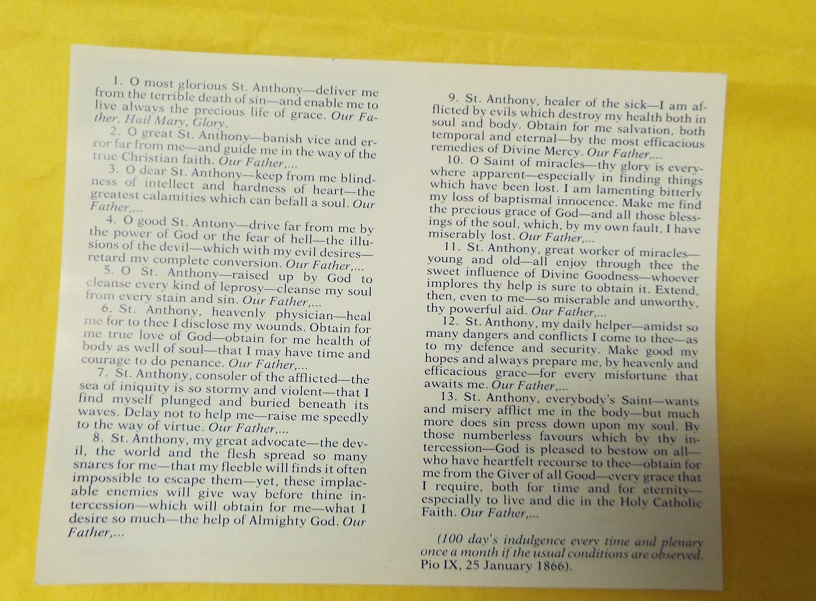 Chaplet of Saint Anthony of Padua prayer card from Italy, featuring religious imagery, with Christian spirituality symbols.