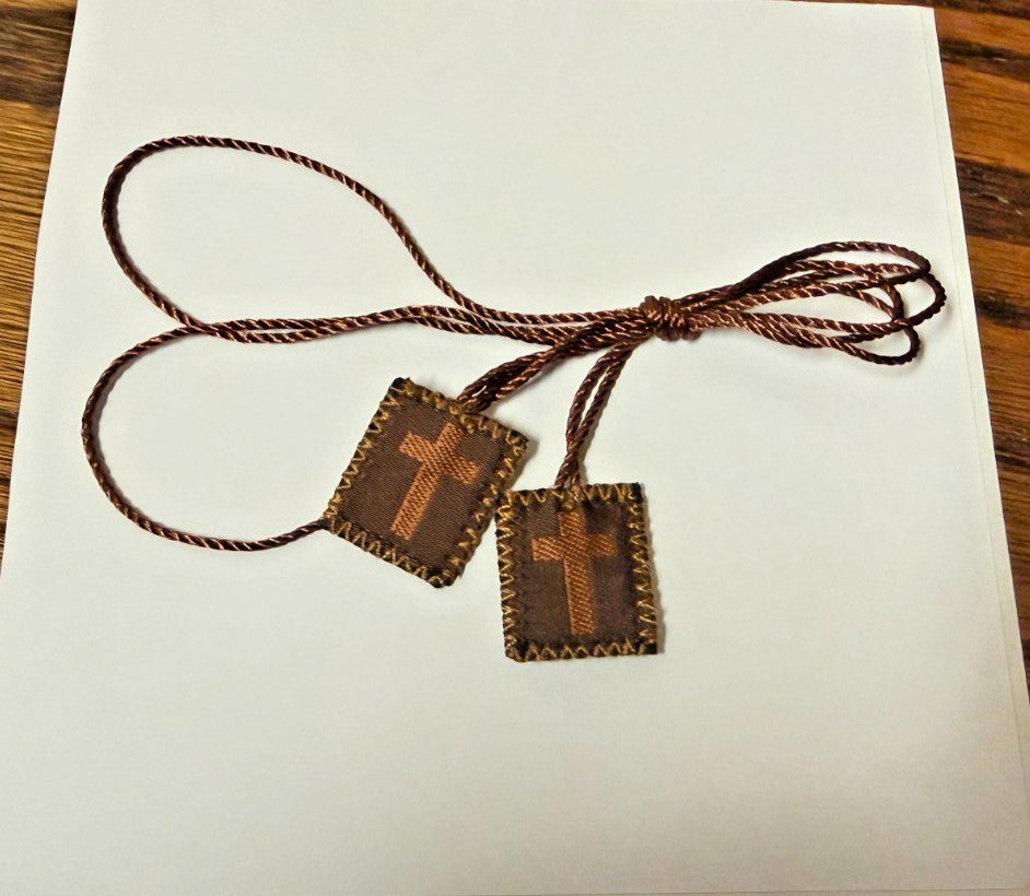 Brown Scapular with Cross & Medal, New #Gftshp-192