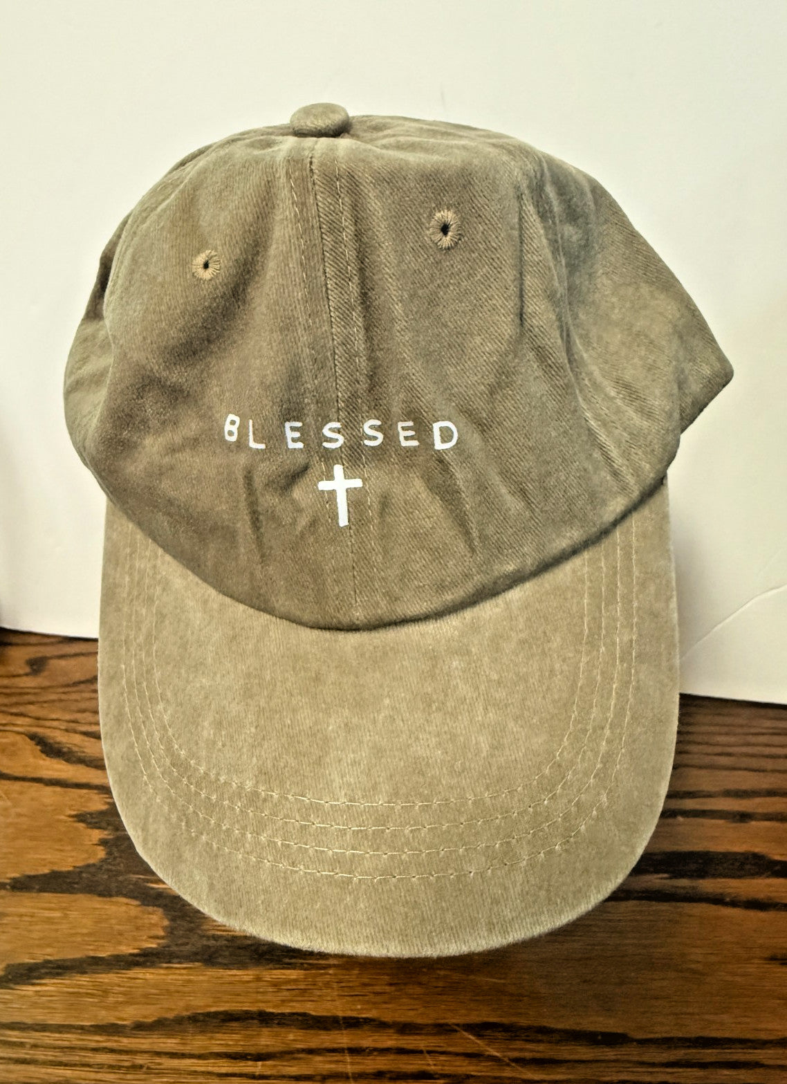 Vintage Distressed "BLESSED" Khaki Baseball Cap, New # Gftshp-191
