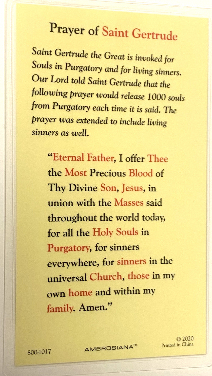 Saint Gertrude "Prayer for Souls in Purgatory" Laminated , New #PCL-07 - Bob and Penny Lord