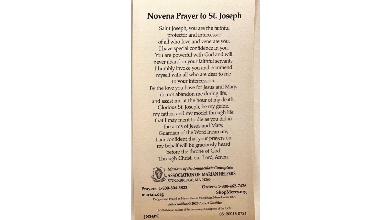 Set of five Saint Joseph prayer cards by Bob and Penny Lord, featuring religious imagery and Christian holy card designs.
