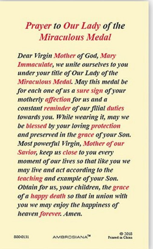 Our Lady of the Miraculous Medal Laminated Prayer Card, New #PCL-30
