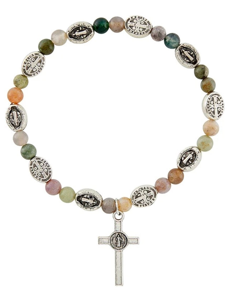 Saint Benedict Gemstone Stretchable 7.5" Bracelet, New #Gftshp-108 - Journeys of Faith
