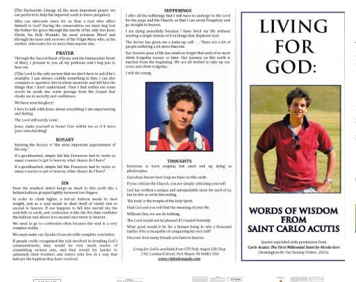 Blessed Carlo Acutis, (Apostle of the Eucharist)  Living for God, Tri-Fold, New - Journeys of Faith
