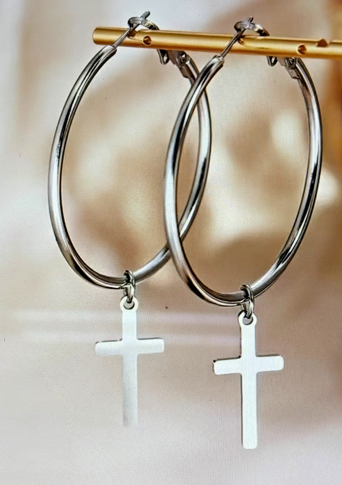 Cross  2.2" Dangle Hoop Silvertone Earrings, New #Gftshp-249