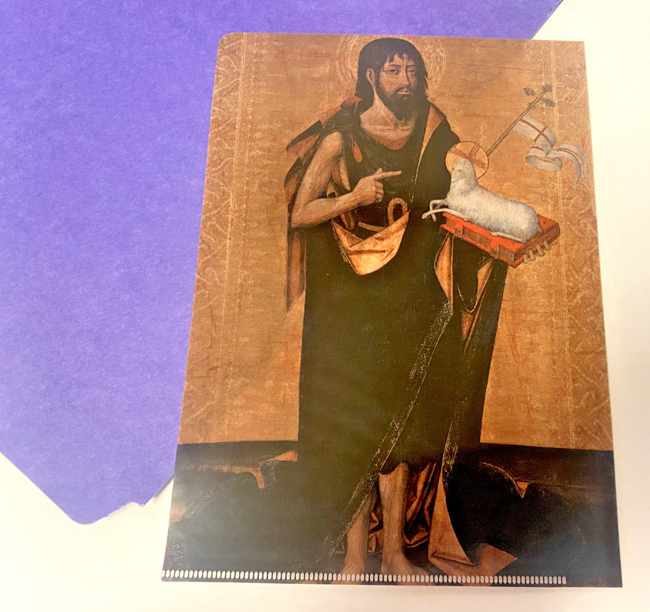 Saint John the Baptist vinyl folder, 6x4.5 inches, Christian holy card featuring religious imagery from Bob and Penny Lord.