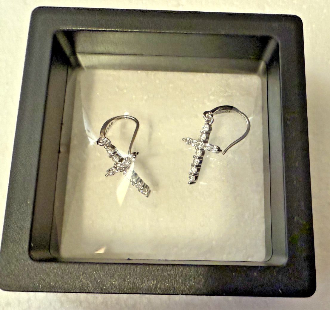 Cross Drop 1.29" Sterling Silver  Earrings with inlaid Zirconia. New #AB-383-R2