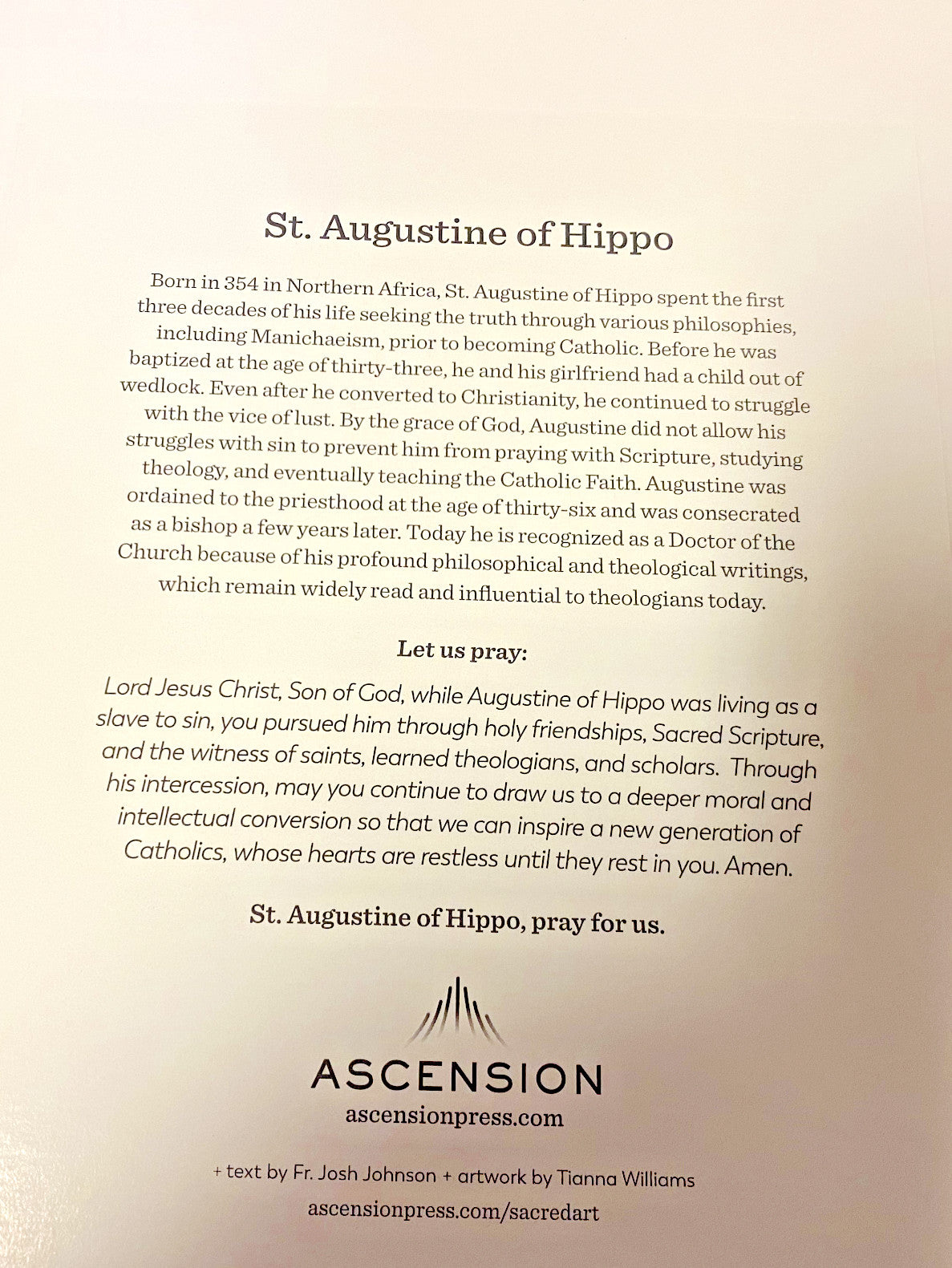 Saint Augustine  Prayer Card, New #PC-04 - Journeys of Faith