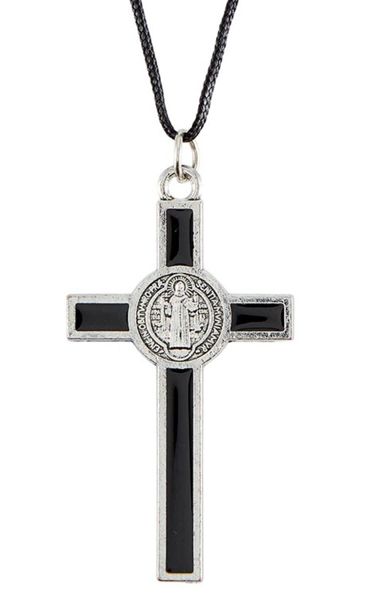 Black and silver Saint Benedict crucifix pendant on cord necklace, ethnic tribal jewelry, unbranded religious accessory.