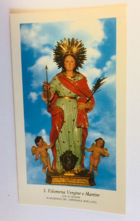 Saint Philomena prayer card from Bob and Penny Lord, featuring religious imagery and text, with a decorative border.