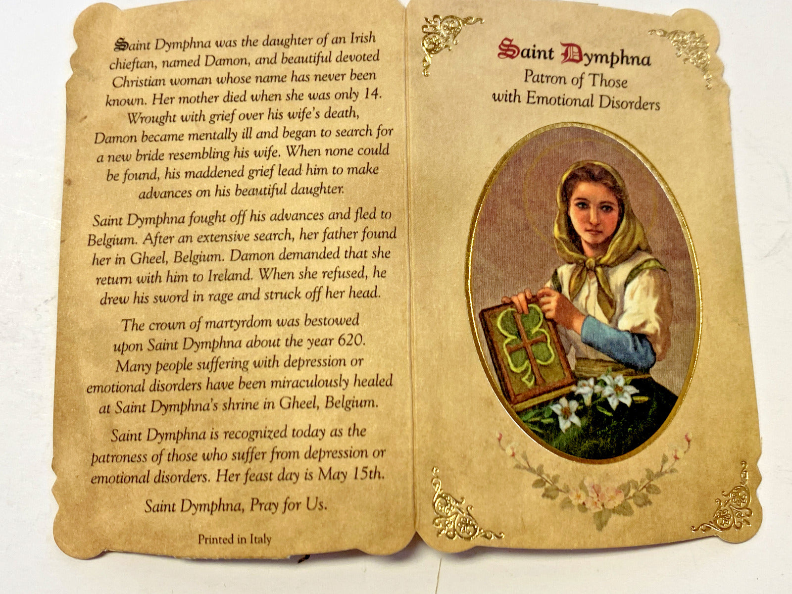 Saint Dymphna Patron of  Emotional Disorders Prayer Card  Medal, New from Italy - Bob and Penny Lord