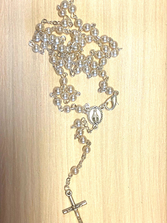 White Faux Pearl  Rosary 15" L , Necklace New from Jerusalem - Journeys of Faith