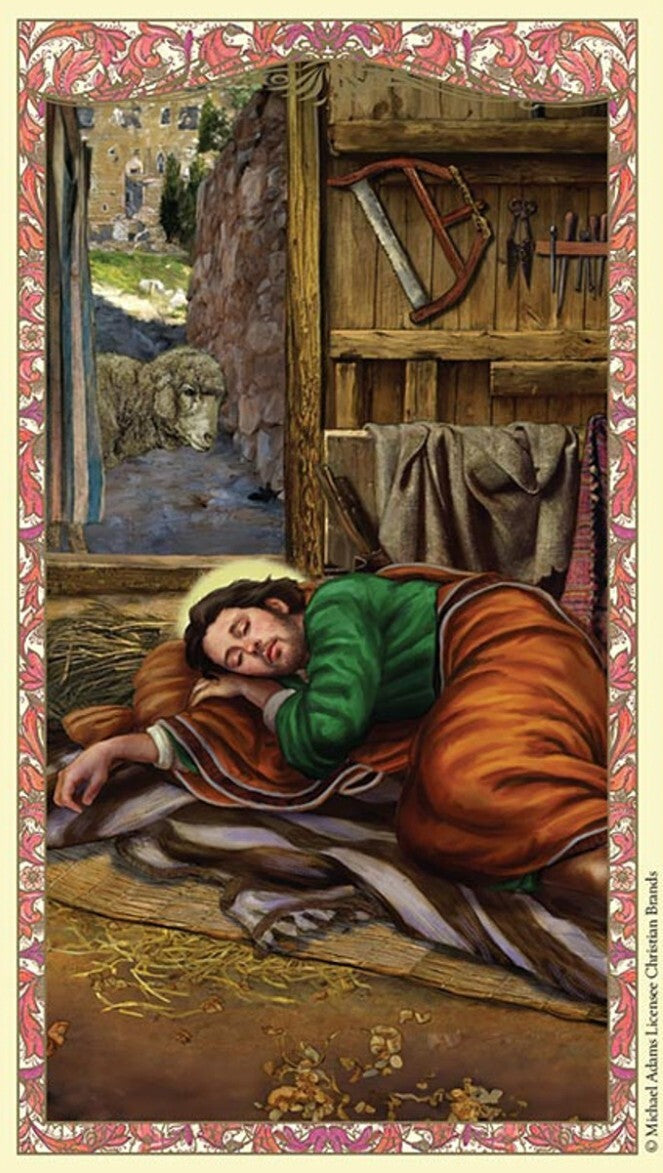 San José Durmiente prayer laminated holy card from Bob and Penny Lord Journeys of Faith, featuring religious imagery and Spanish text.