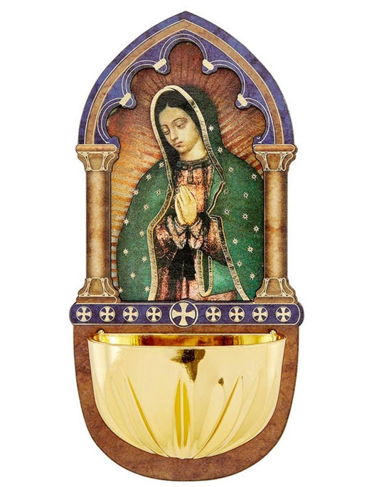 Our Lady of Guadalupe Laser Wood Holy Water  5" Font, New #Gftshp-193