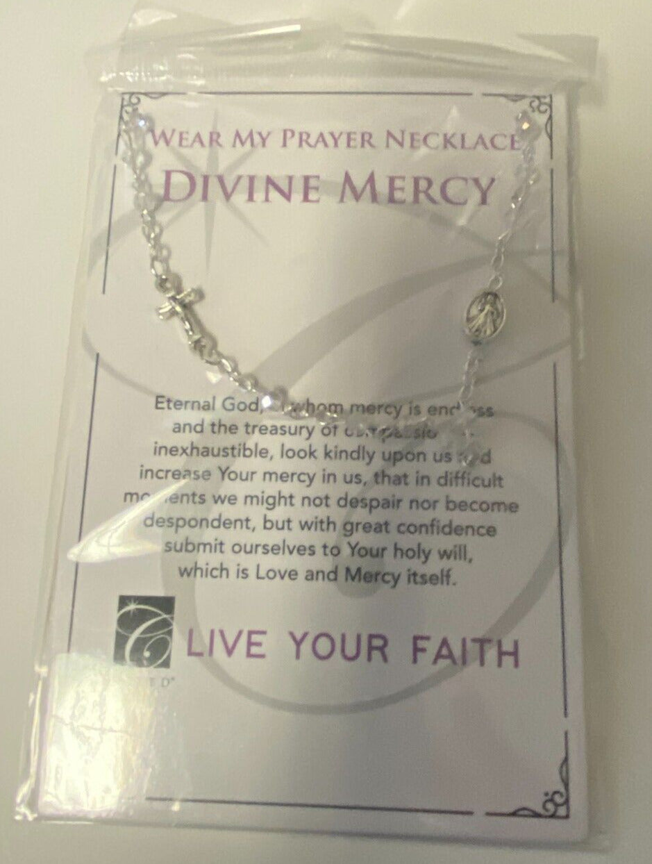 Divine Mercy Clear Glass Beads Rosary Necklace, New - Bob and Penny Lord