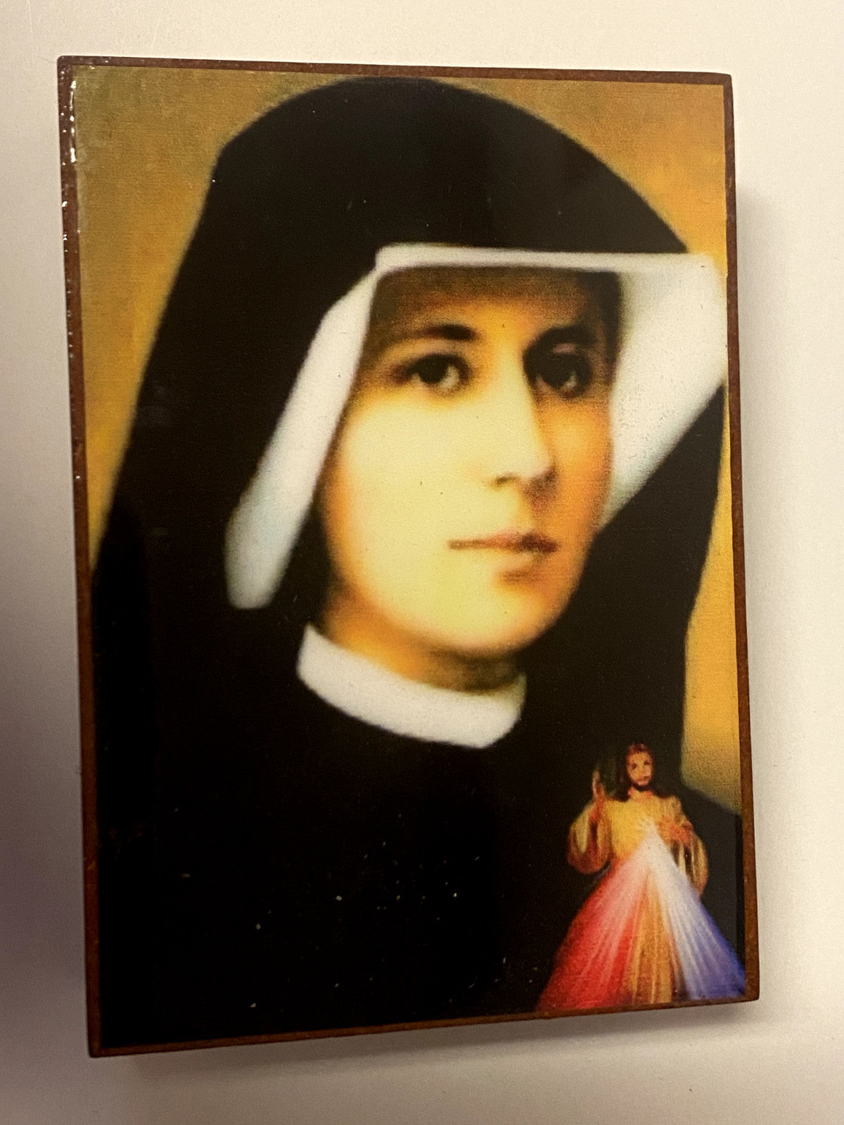 Saint Sister Faustina wood rosary box with rosary, featuring religious Christian symbols, crafted from wood, from Colombia.