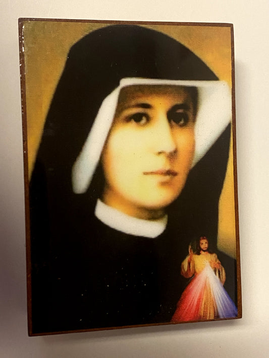 Saint Sister Faustina wood rosary box with rosary, featuring religious Christian symbols, crafted from wood, from Colombia.