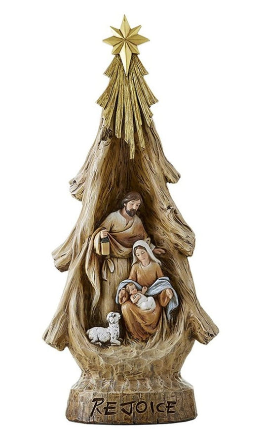 Decorative 16.5-inch Nativity Tree "Rejoice" collectible for holiday and seasonal nativity displays, featuring detailed figurines.