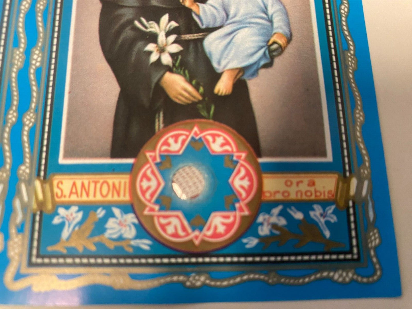 Saint Anthony 3rd Class Relic prayer card folder from Italy, Christian holy card with religious imagery and relic details.