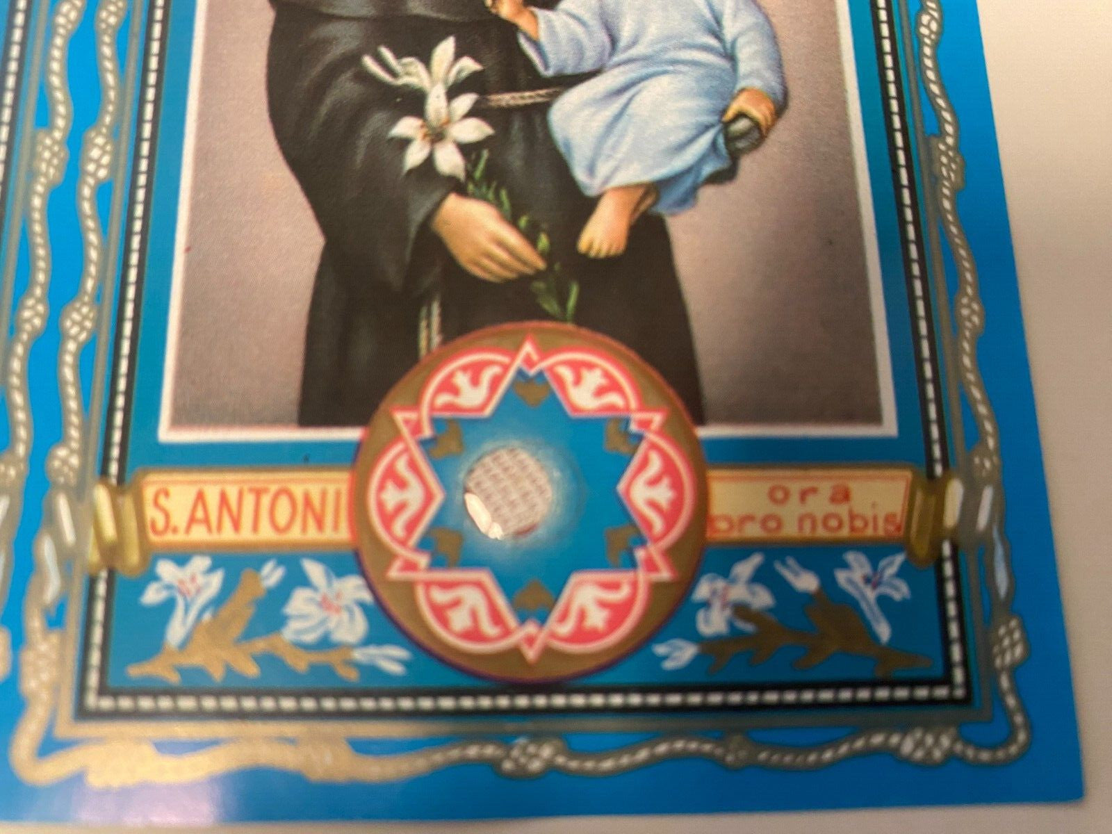Saint Anthony 3rd Class Relic prayer card folder from Italy, Christian holy card with religious imagery and relic details.