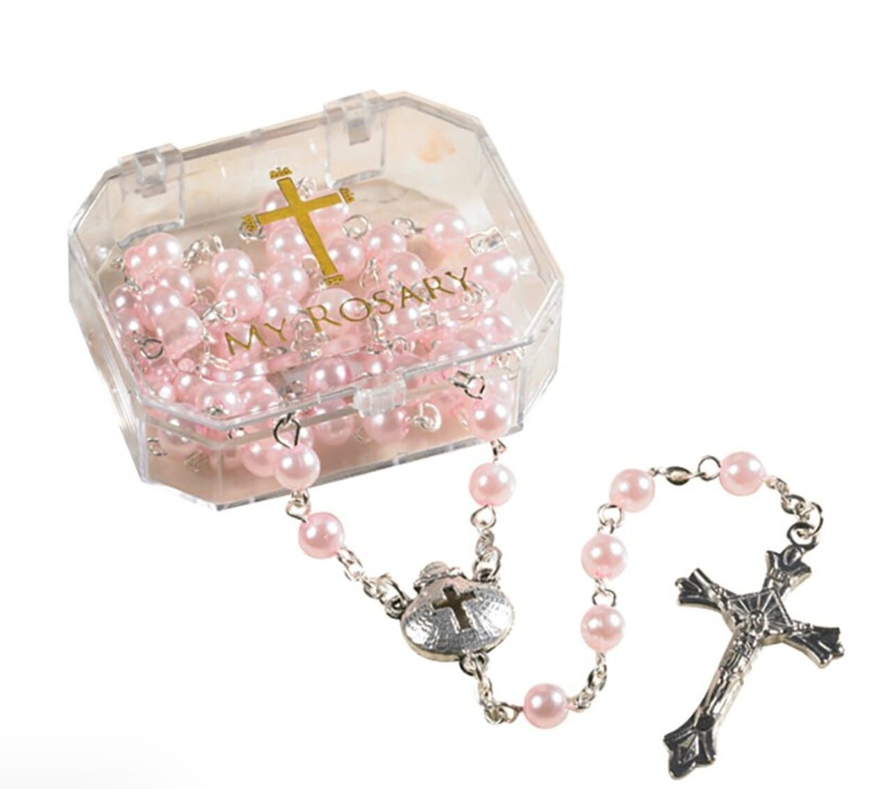 Pink rosary for baptism with beaded chain and crucifix, part of Christian religious collectibles by Journeys of Faith.