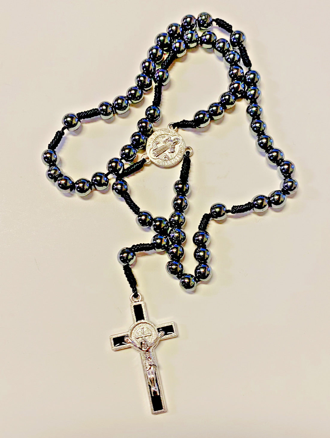 Saint Benedict Hematite Corded Small Rosary,  New #AB-082