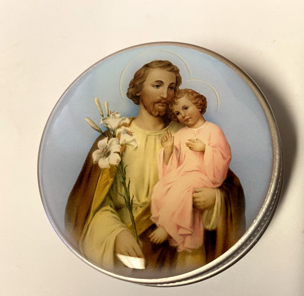 Saint Joseph rosary tin case by Bob and Penny Lord, featuring detailed Christian religious design and compact jewelry storage.