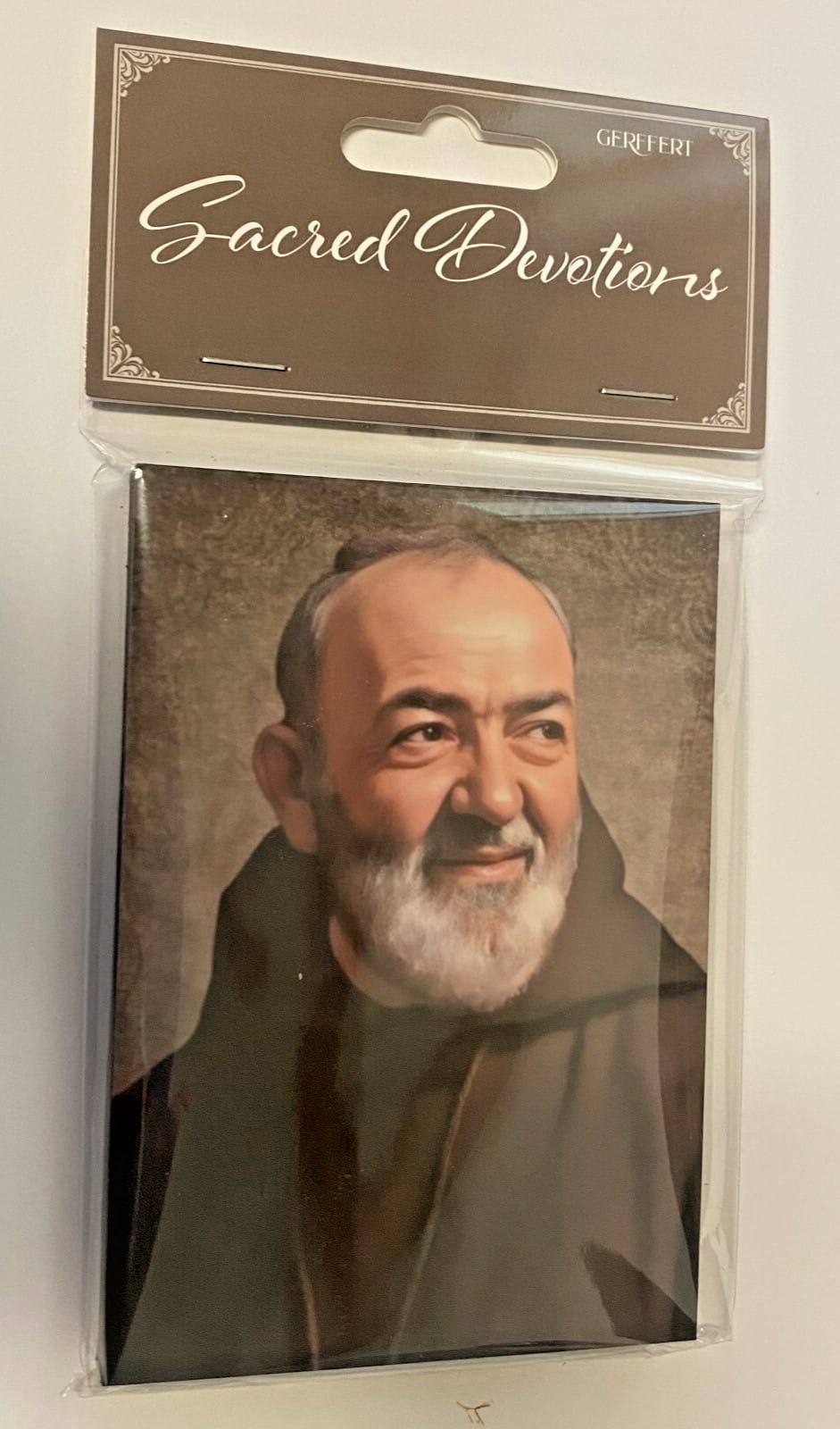 Wood plaque featuring Padre Pio, 5-inch Christian religious collectible by Bob and Penny Lord Journeys of Faith.