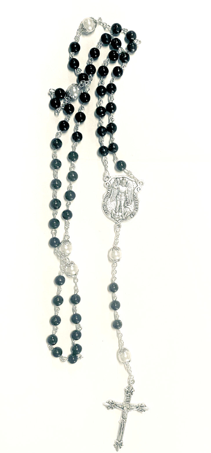 St Michael/Spiritual Warrior Faux Lapis & Glass Pearl Beads Rosary, New  #AB-044 - Journeys of Faith