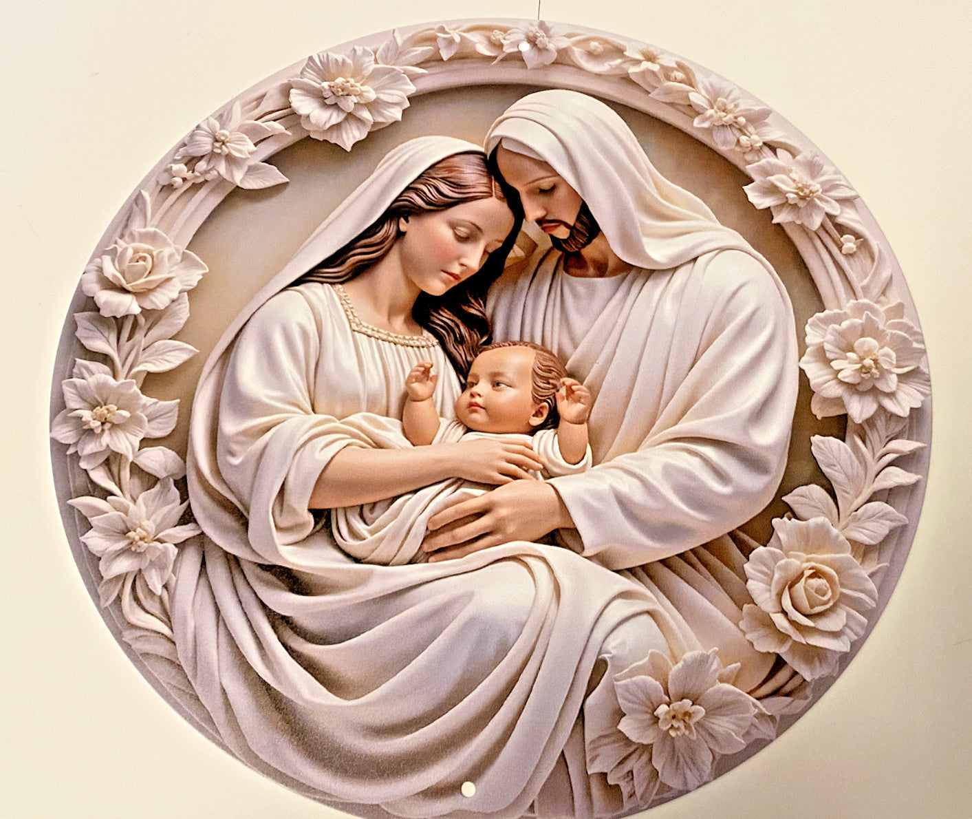 Aluminum round image of the Holy Family Nativity scene, collectible holiday seasonal item with detailed depiction of Mary, Joseph, and baby Jesus.