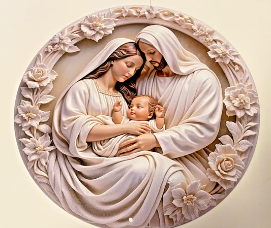 Aluminum round image of the Holy Family Nativity scene, collectible holiday seasonal item with detailed depiction of Mary, Joseph, and baby Jesus.