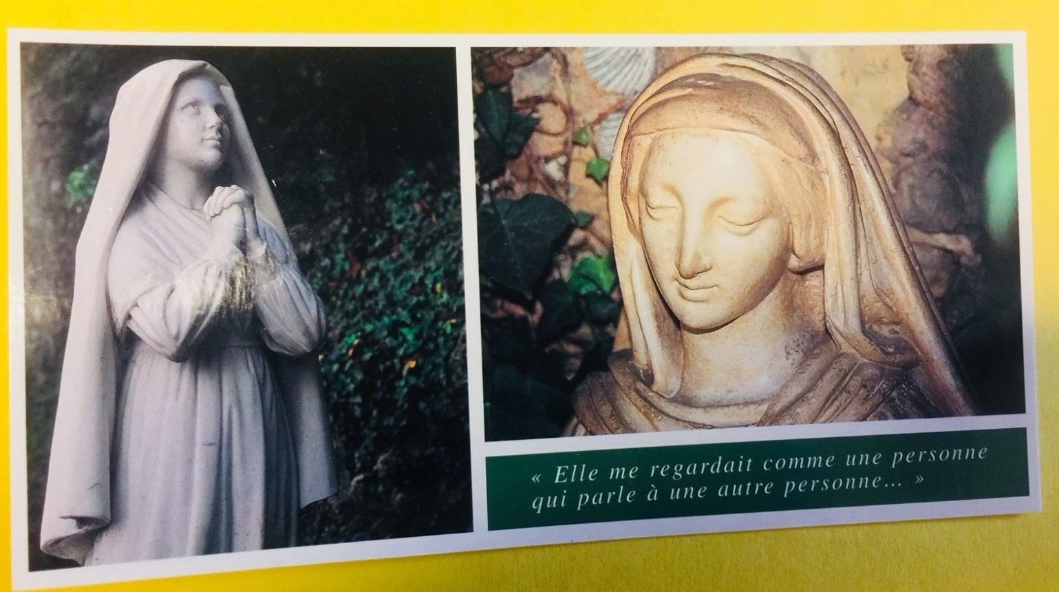 Color postcard of Saint Bernadette and Our Lady of Lourdes, religious collectible print by Bob and Penny Lord from France.