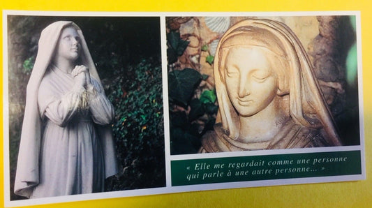 Color postcard of Saint Bernadette and Our Lady of Lourdes, religious collectible print by Bob and Penny Lord from France.