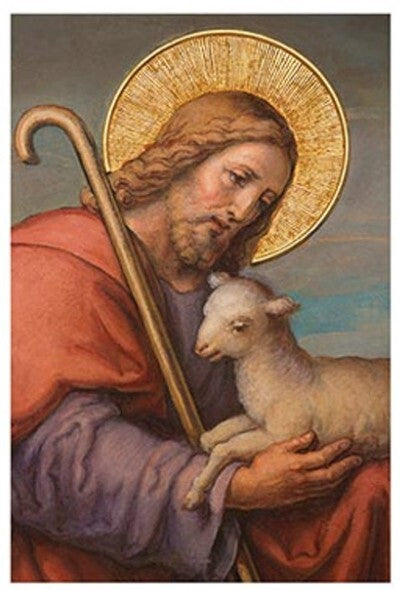 Blank note card featuring a Jesus with lamb illustration, from Bob and Penny Lord Journeys of Faith Christian collectibles.