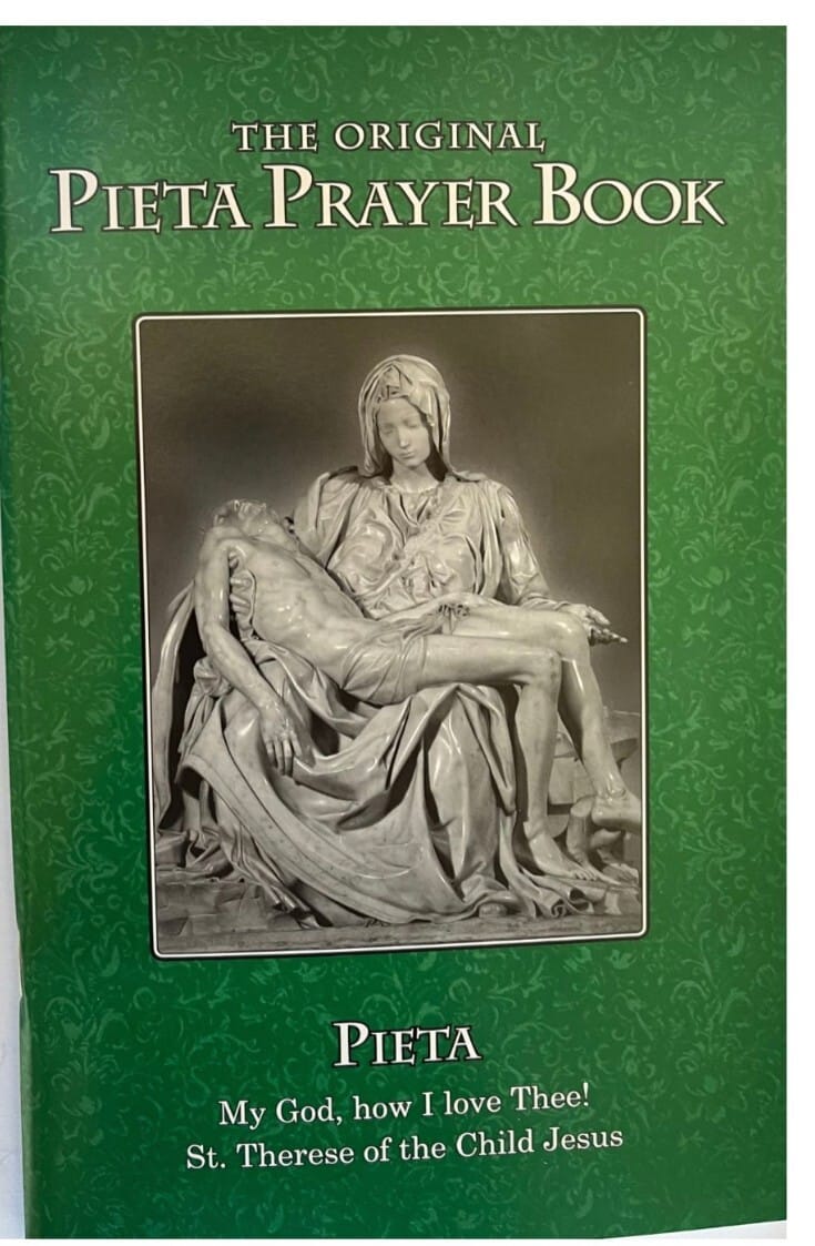 Large print green paperback of The Original Pieta Prayer Book by Journeys of Faith, antique-style collectible book for prayer and reflection.