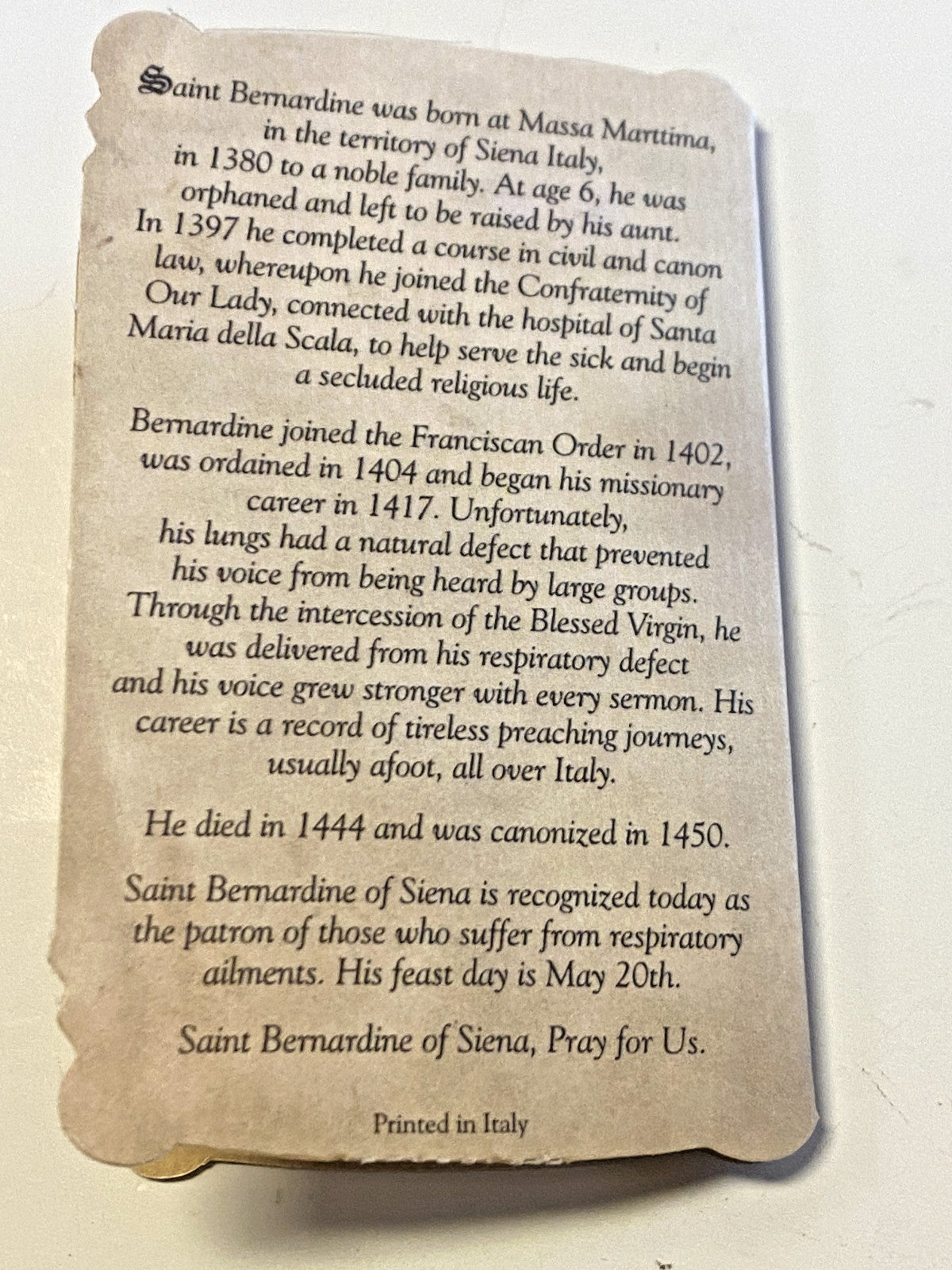 Saint Bernardine of Siena"  Respiratory Ailments "Prayer Card+ Medal, New#PCM-07 - Journeys of Faith