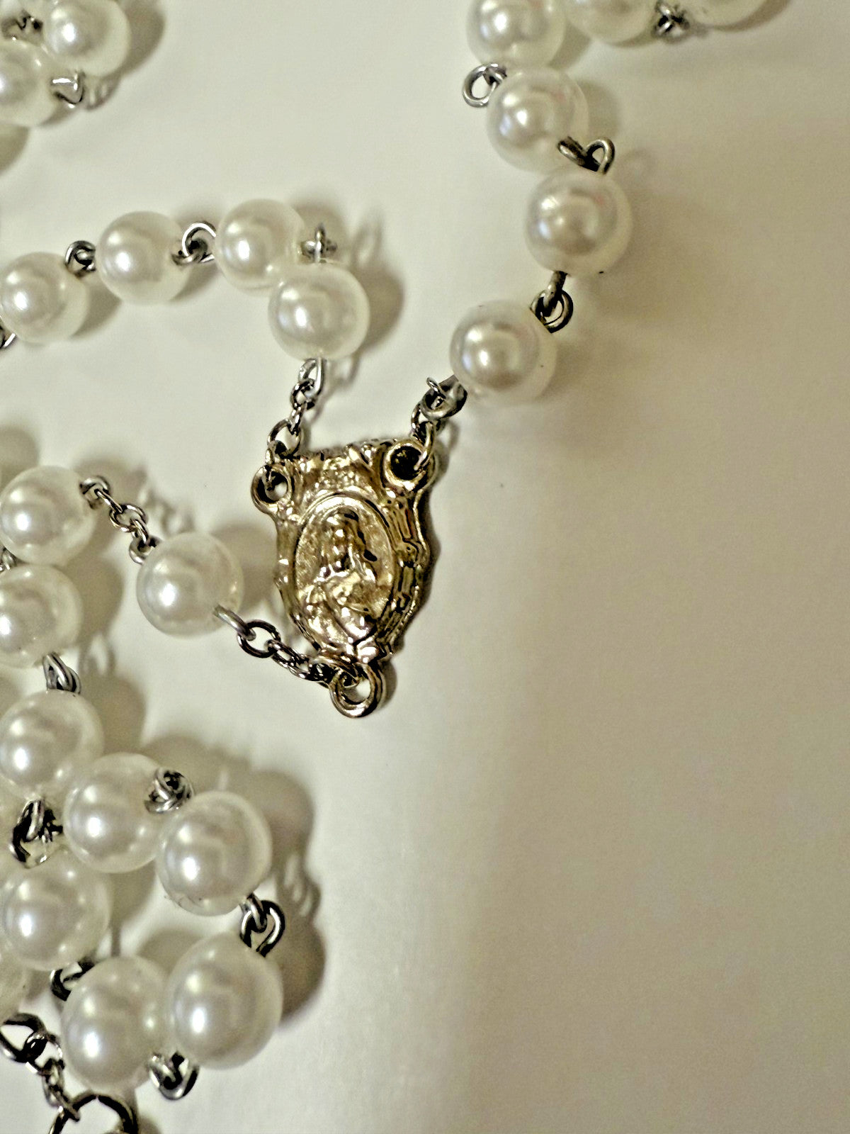 Faux White Pearl Rosary, with O. L. of Mount Carmel Medal, New #Gftshp-3
