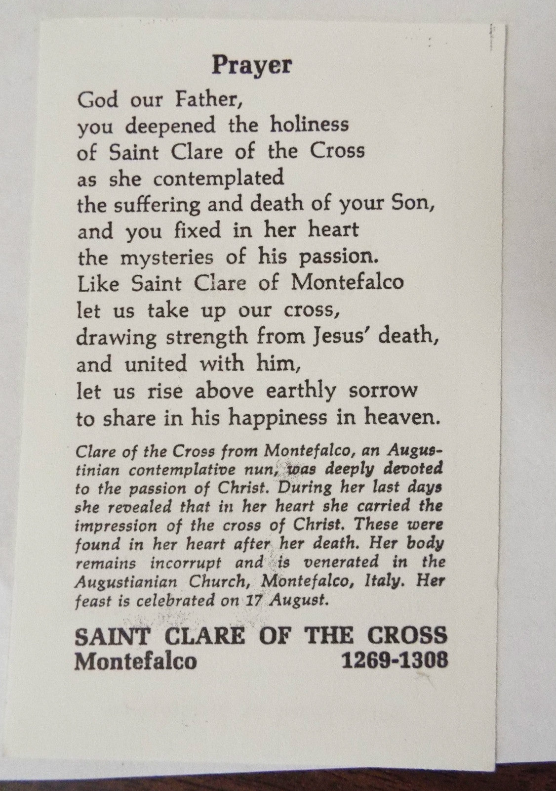 Black and white Saint Clare of Montefalco prayer card from Italy, religious Christian Holy Card by Bob and Penny Lord.